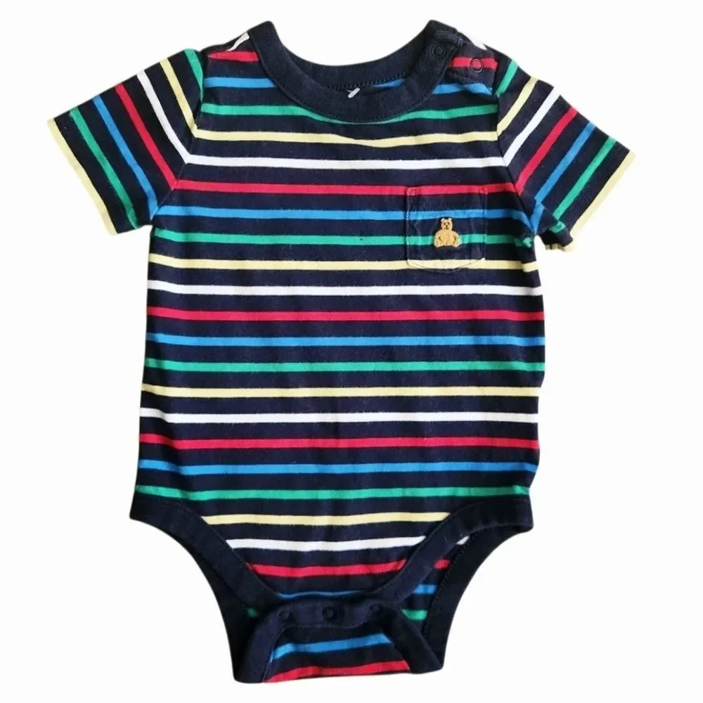 GAP Baby Boys Striped Multicolor Bodysuit with Bear Logo 3-6 Months 100% Cotton
